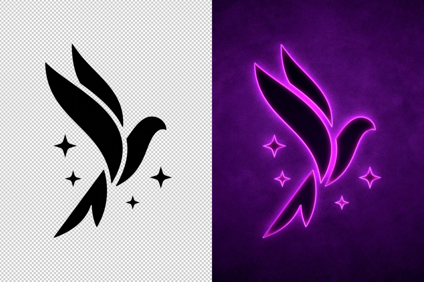 Two bird logos: black silhouette on transparent background and glowing purple neon on dark. Great for graphics, logos, branding, and templates.