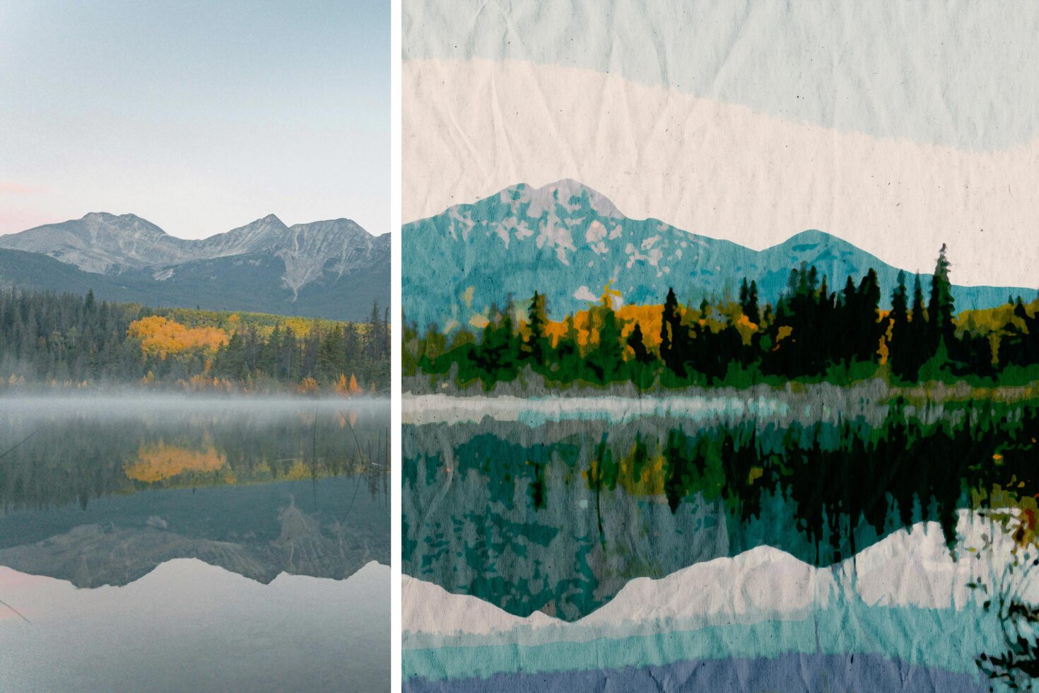 Scenic landscape with mountains, lake reflection, autumn trees and digital art style comparison. Ideal for nature mockups, graphic design, art templates.