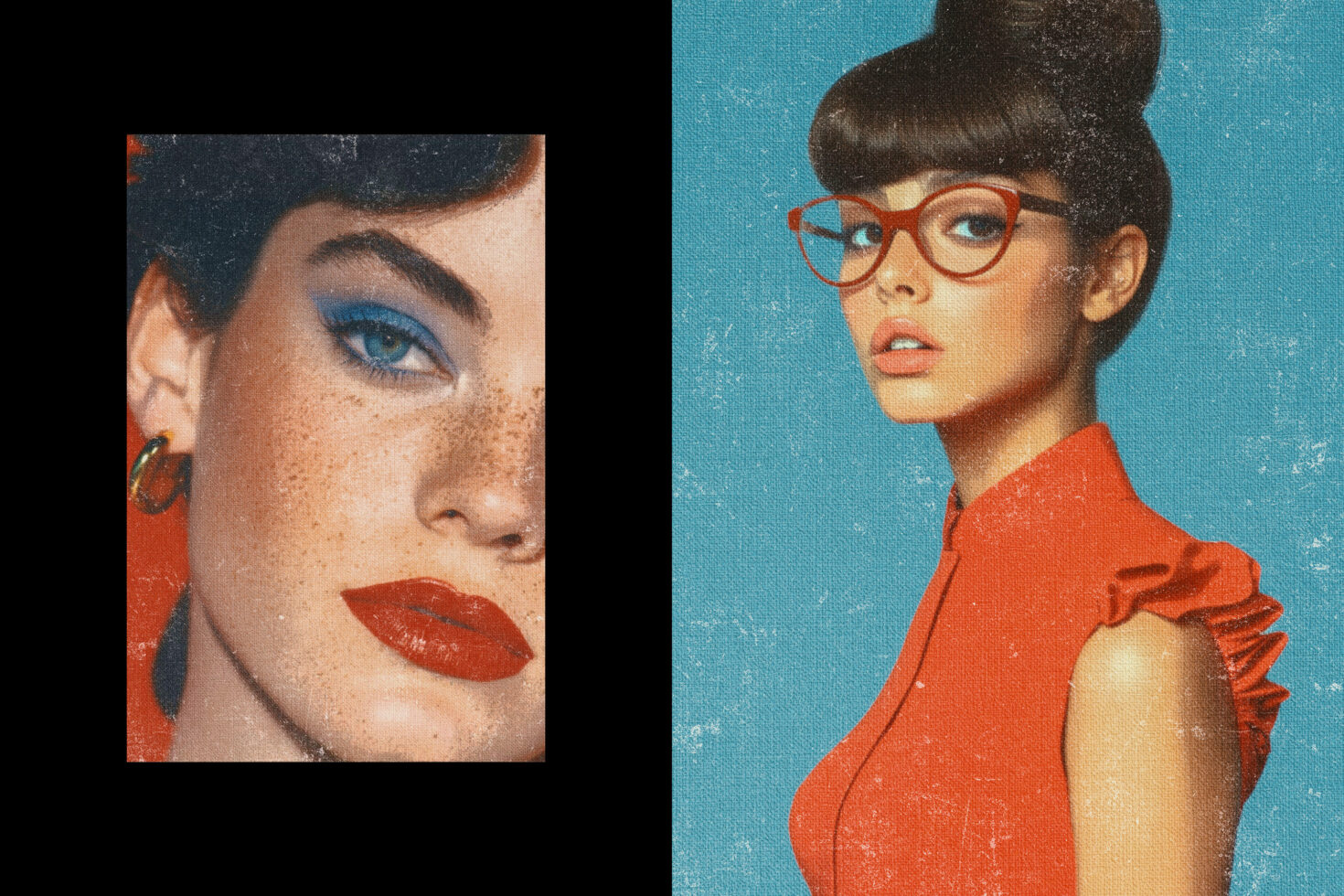 Retro fashion graphic design template featuring close-up of a woman with red dress and glasses on blue background. Perfect for vintage mockups.