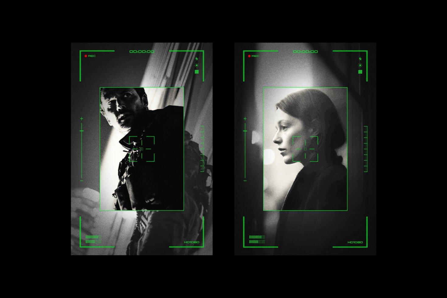 Black and white film photography of two individuals with neon green digital interface overlay; suitable for graphic design and mockup projects.