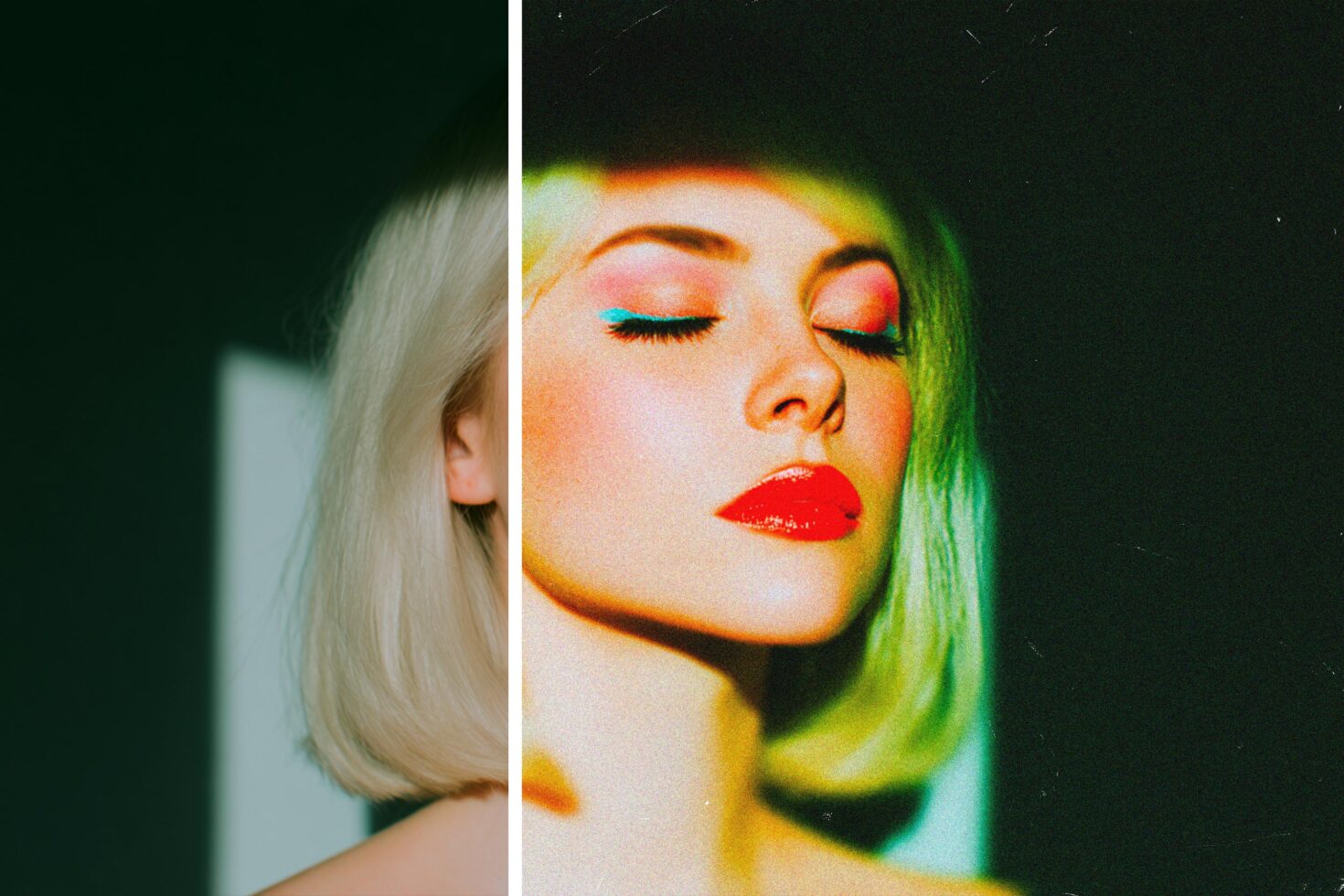 Vibrant portrait split in half showcasing artistic contrast in color tones. Ideal for graphic design projects or photo editing inspiration in digital assets.
