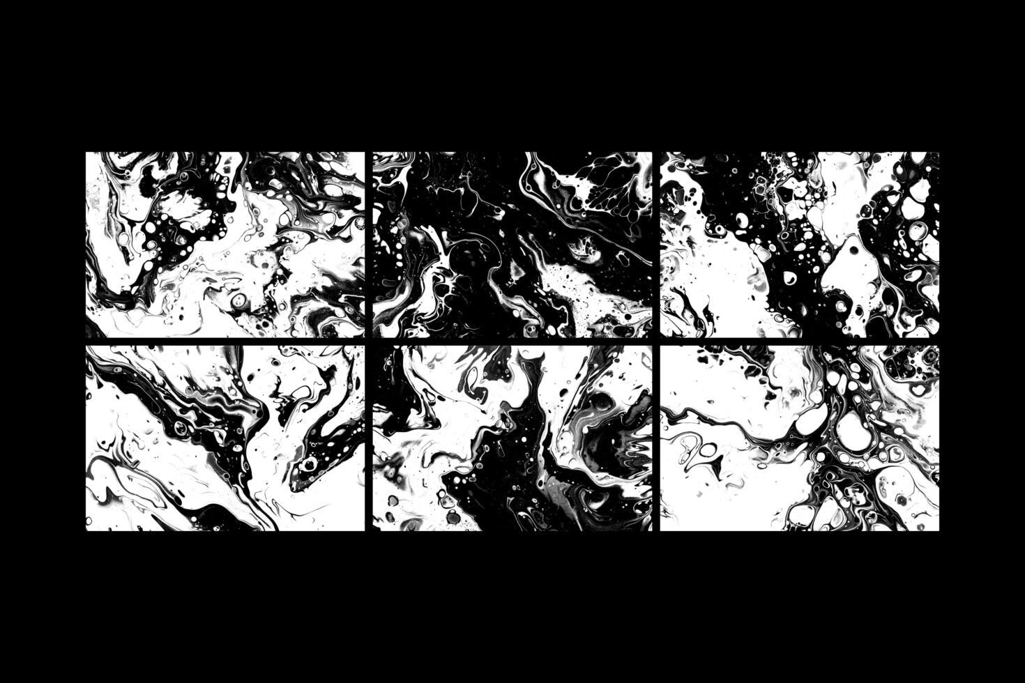 Black and white marbled textures in six panels ideal for graphic design. Abstract fluid patterns enhance creative projects. Suitable for templates.