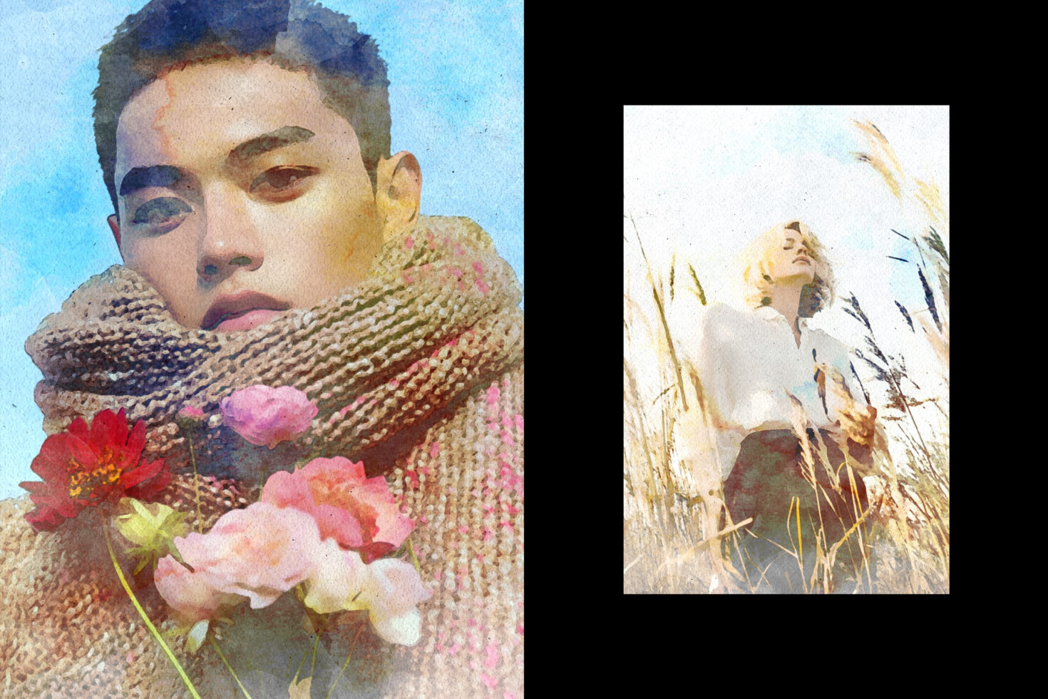 Watercolor portraits with floral and natural elements for graphic design templates. Vibrant colors and artistic textures perfect for creative projects.