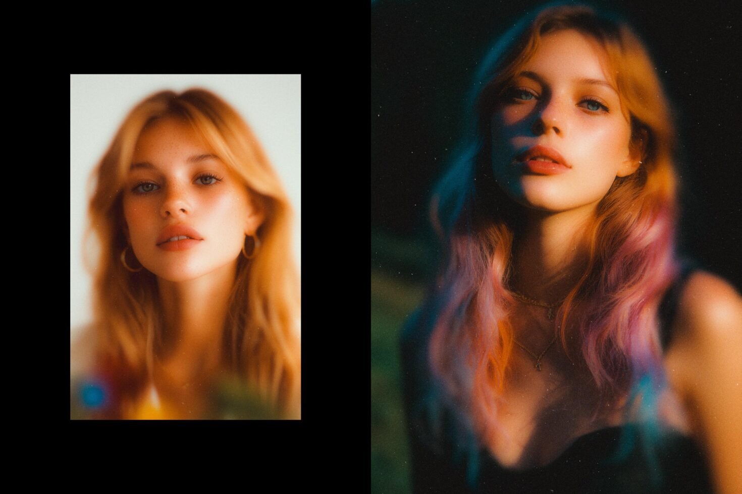 Portraits of a woman with blonde and colored hair in soft focus Artistic photography Fashion portrait design asset for creatives Photography template