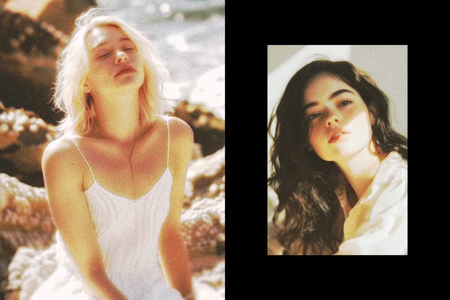 Two stylish female portrait edits with halftone effect showcasing summer vibes ideal for graphic design projects and social media content creation.
