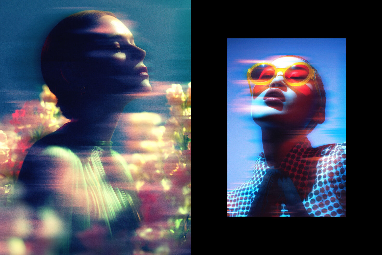 Vibrant digital art of a woman in a blurred floral background and another with colorful sunglasses. Perfect for graphics and digital assets for designers.