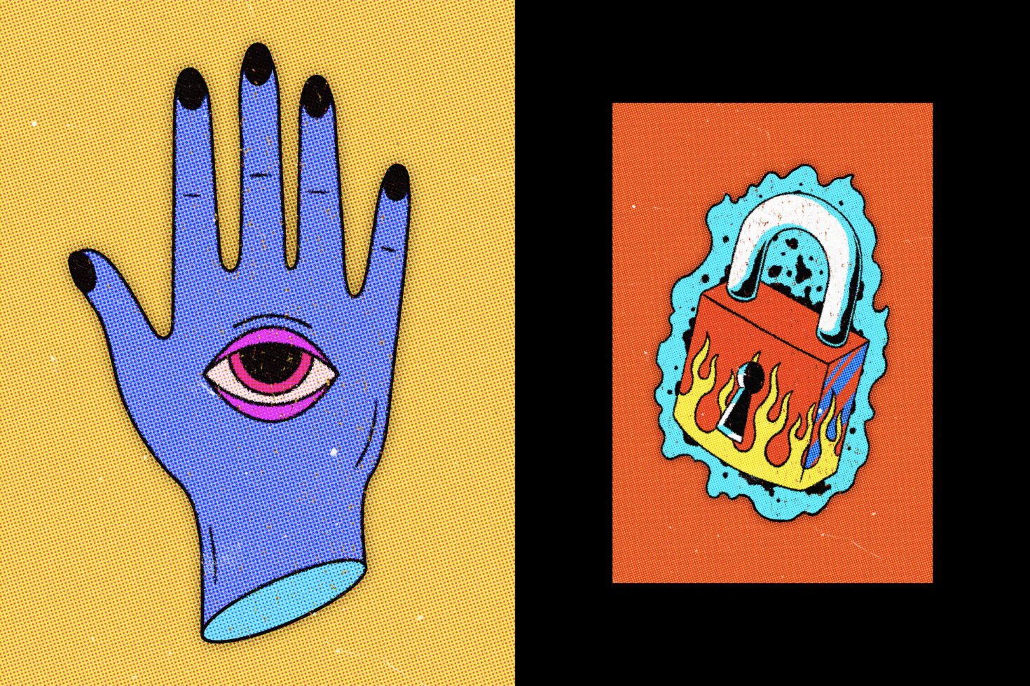 Surreal pop art illustration featuring a blue hand with an eye and a flaming padlock. Ideal for graphic design projects and poster templates.