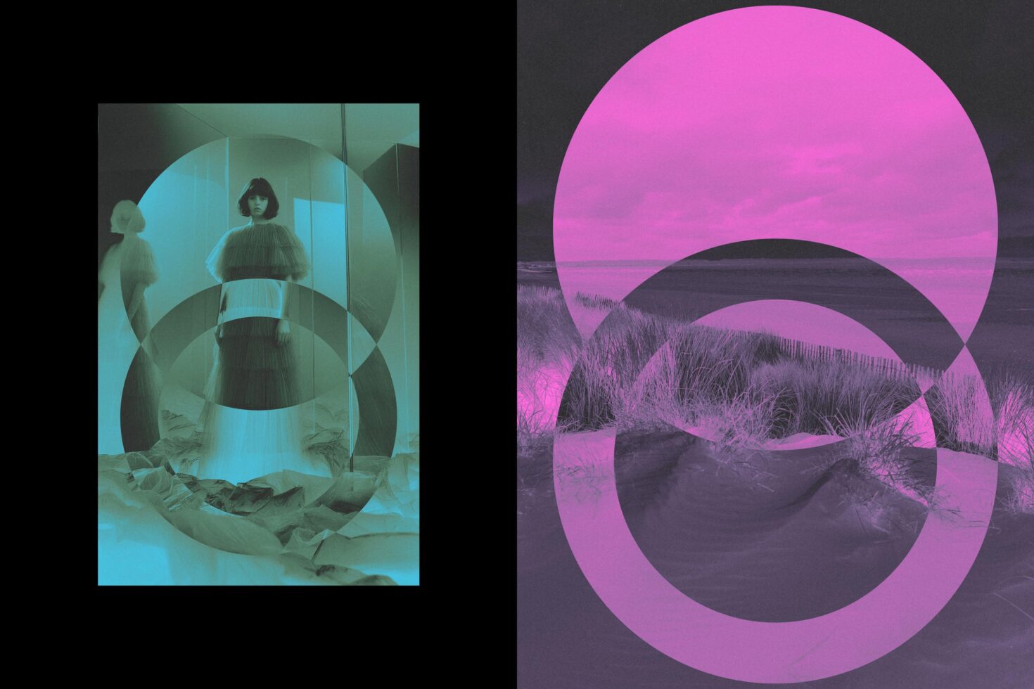 Dual abstract design with circles overlaid on a fashion photograph and a landscape image in teal and pink tones. Ideal for artistic graphic templates.