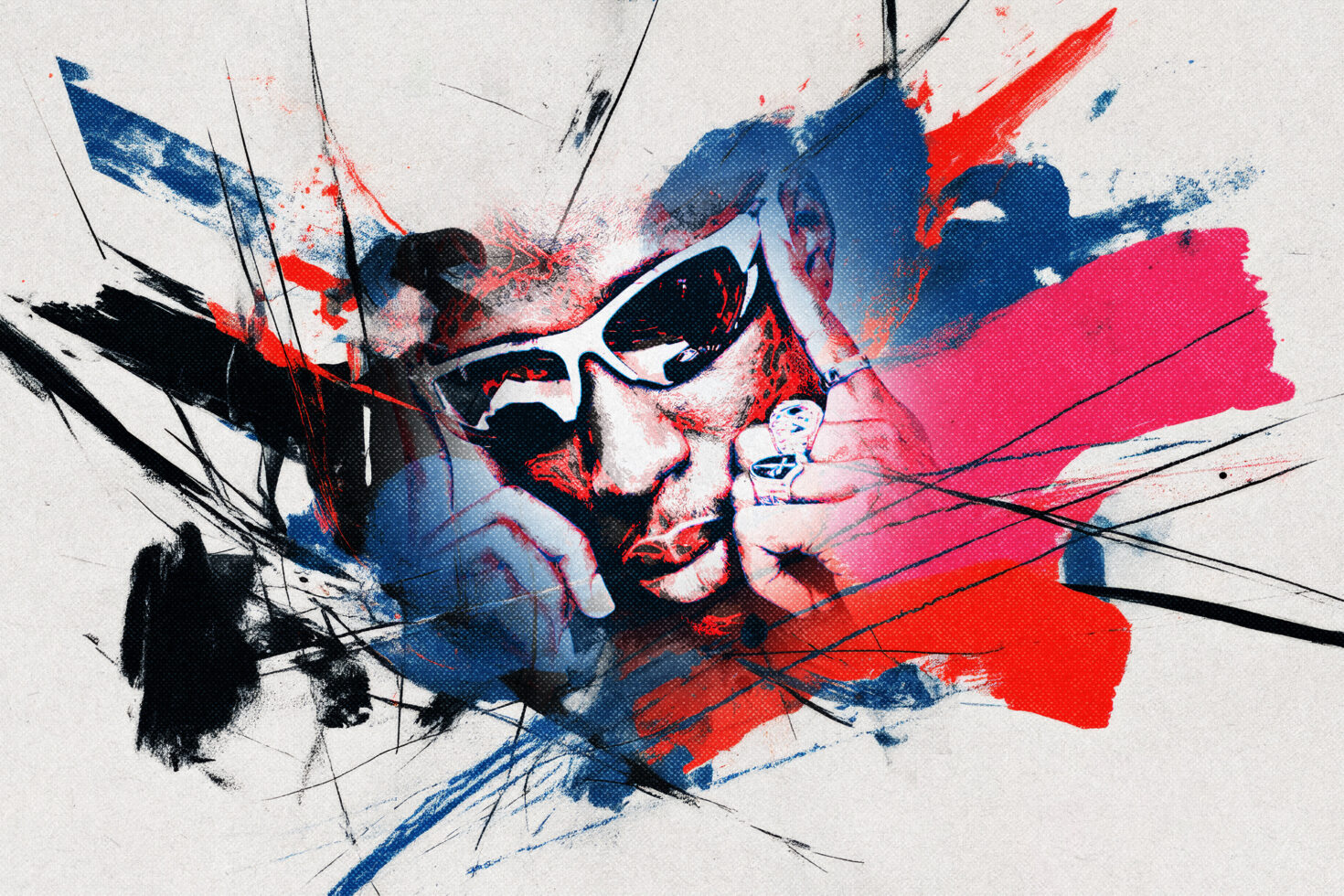 Abstract digital illustration of a person wearing sunglasses with vibrant paint splashes in red blue and black. Suitable for graphic design projects.