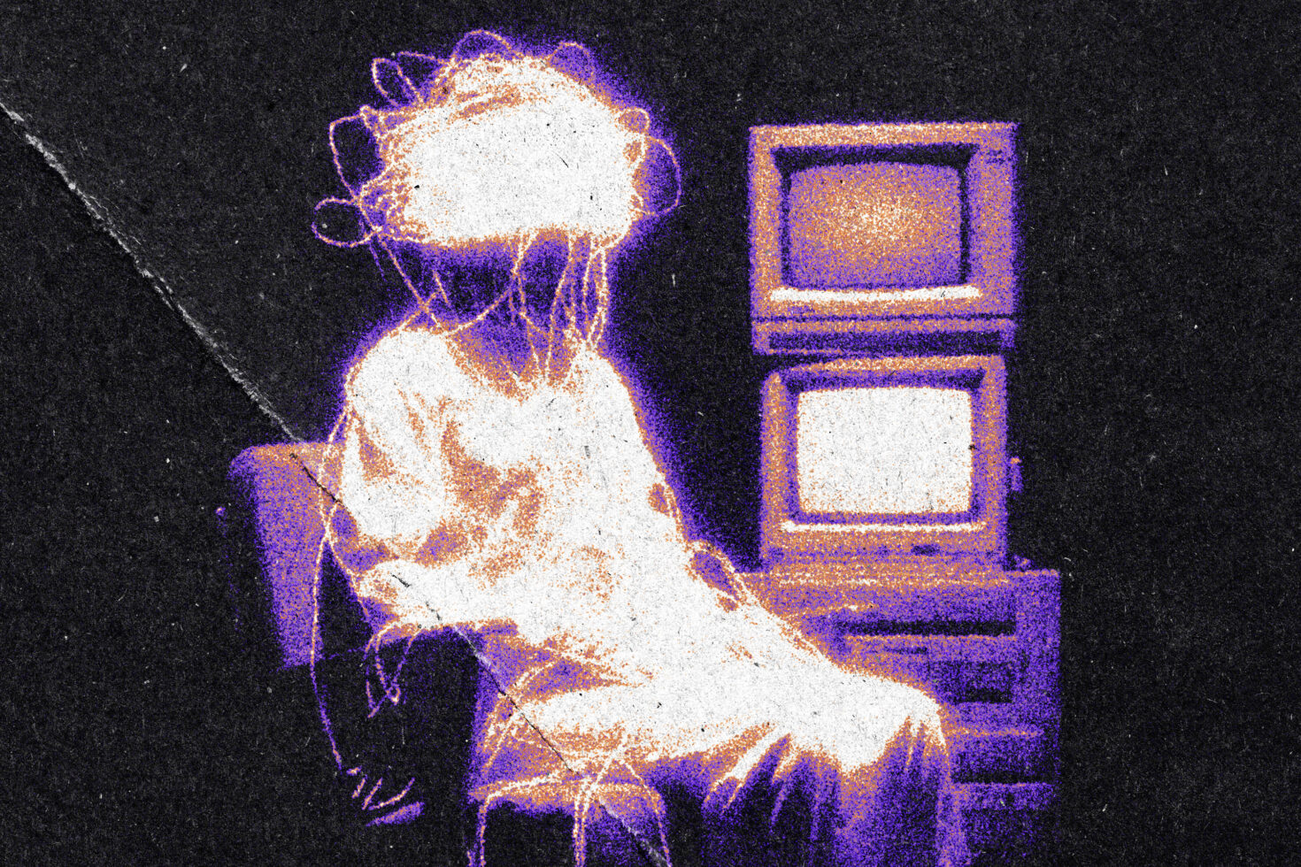 Surreal digital artwork of an abstract figure with a distorted face sitting beside vintage computer monitors, blending glitch art and retro aesthetics.