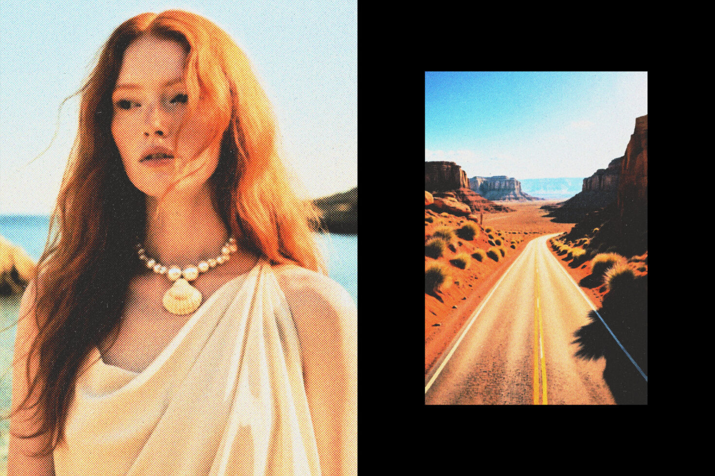 Creative two-image collage featuring a model in a serene desert backdrop wearing elegant summer fashion with natural jewelry and a scenic highway landscape.