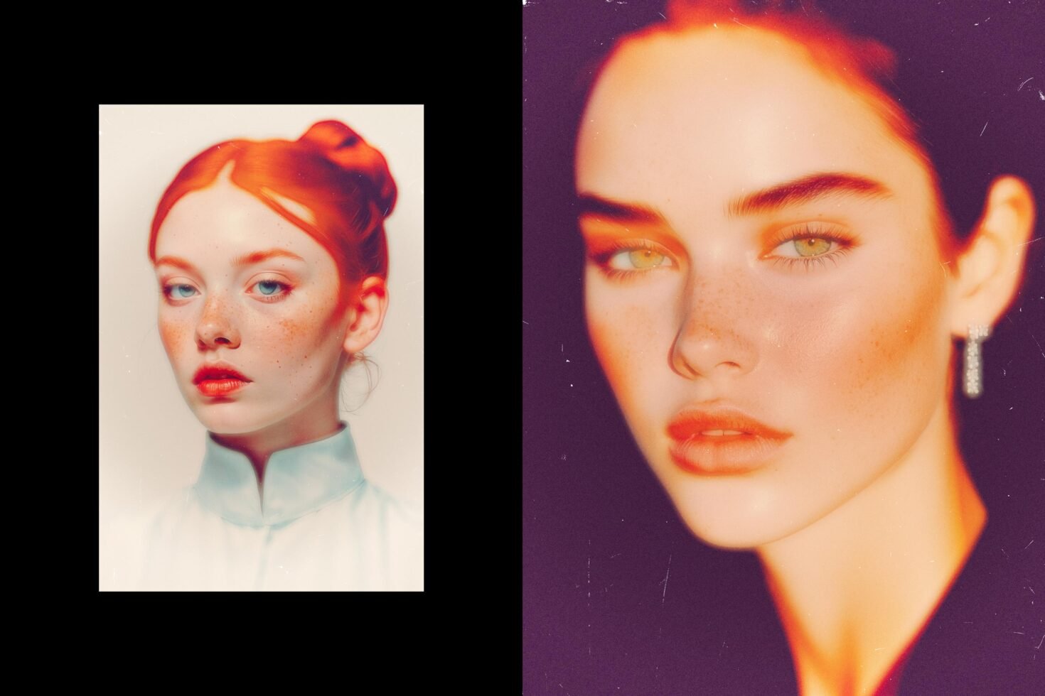 Portrait design asset featuring close-up of a woman with red hair and freckles, suitable for graphics and mockups. Bright and textured visual style.