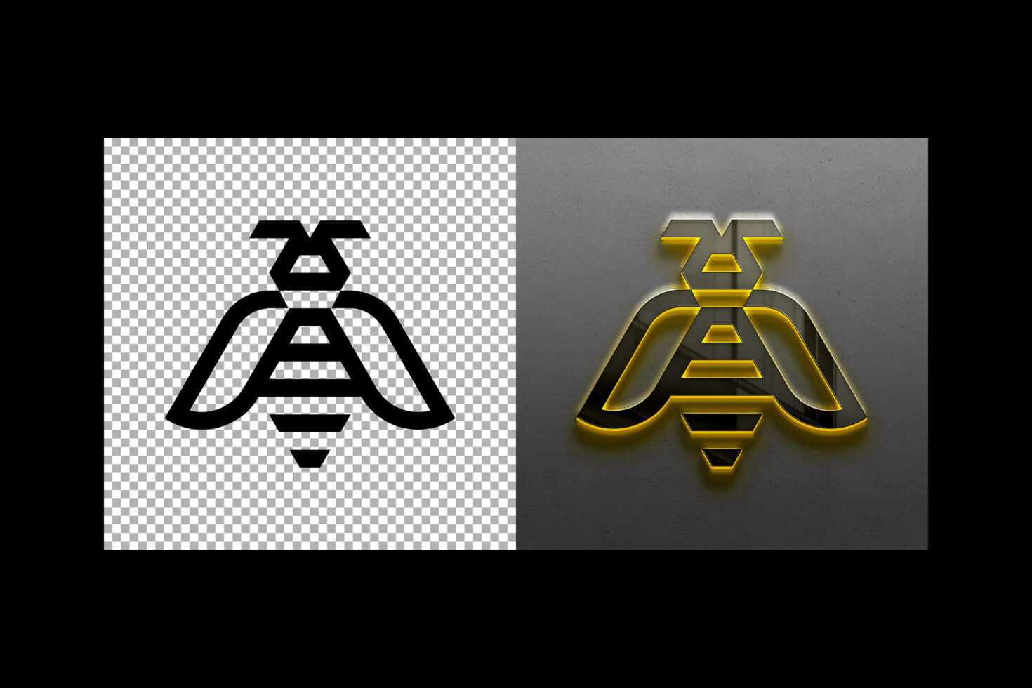 Abstract bee logo template with transparent background and glowing 3D effect on gray background. Ideal for designers seeking modern vector graphics.