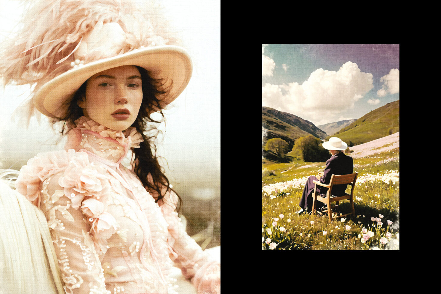 Victorian-inspired digital artwork featuring a woman in an ornate hat and dress by a field; ideal for graphics and template designers seeking vintage aesthetics.