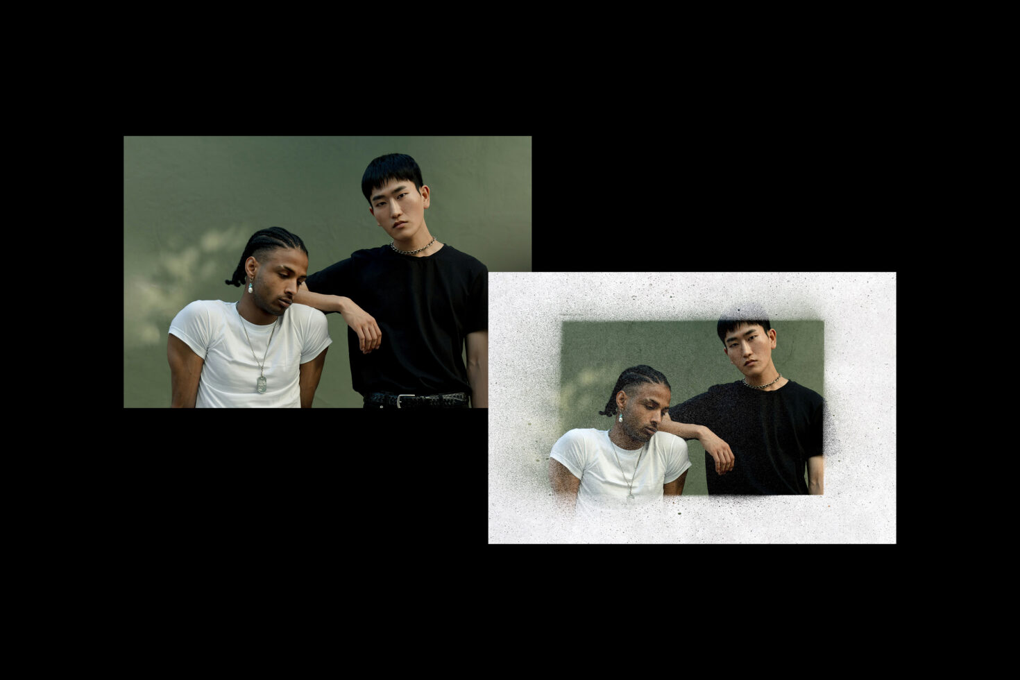 Two fashionably attired individuals in black and white tees posed against a neutral background with a grainy photo effect. Mockup template for designers.
