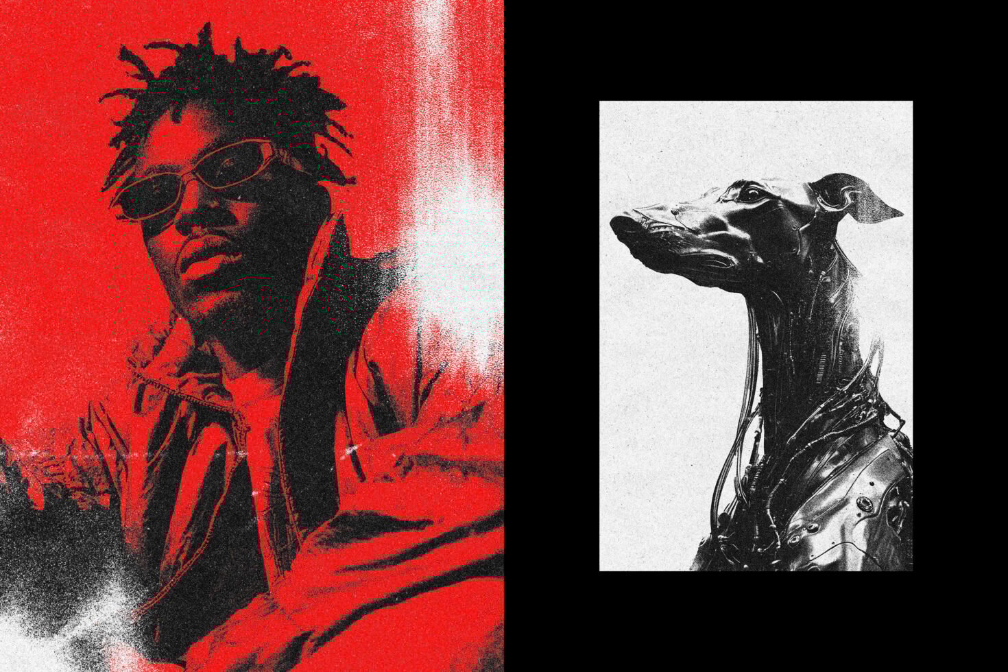 Red and black grunge graphic featuring a person with sunglasses on one side and a robotic dog on the other. Perfect for edgy design projects.