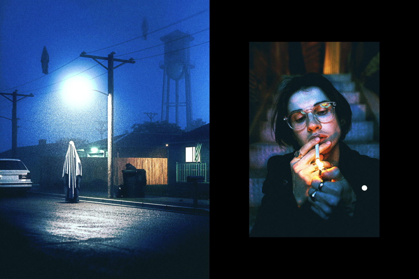 Mysterious night street scene with person in ghostly sheet on left and a man lighting a cigarette on steps on right urban eerie atmospheric design content