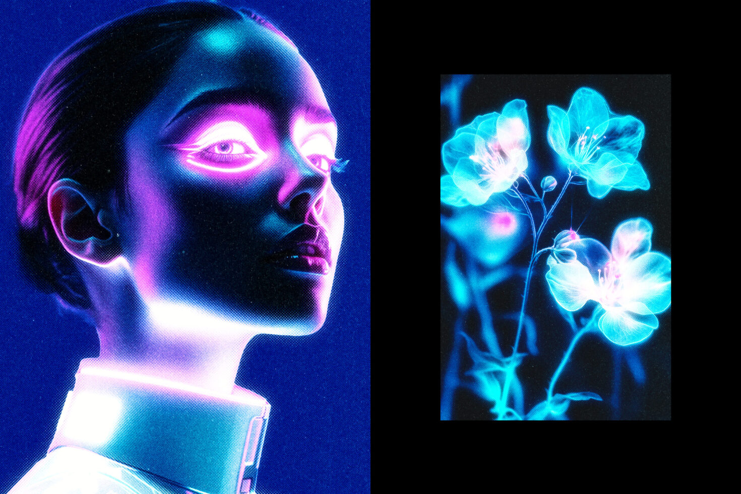 Neon futuristic digital art of a woman and glowing flowers. Perfect for designers seeking vibrant graphics, illustration, sci-fi, and neon aesthetics.