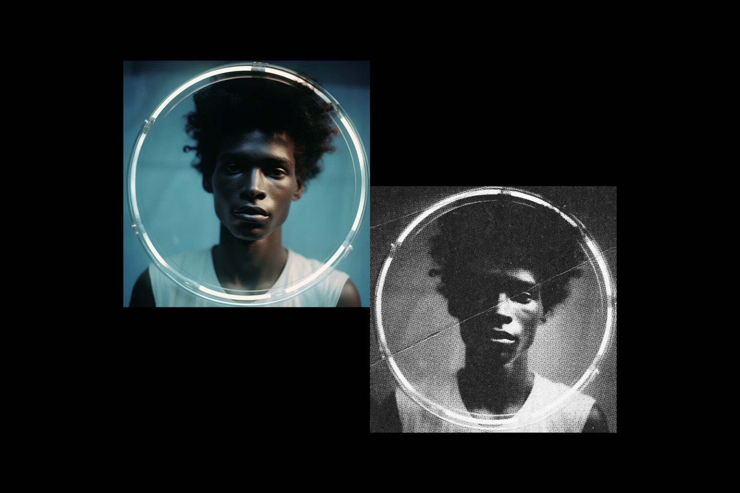 Dual portraits of a person inside a circular light ring. One is colored, the other black and white. Ideal for graphic design mockups and creative projects.