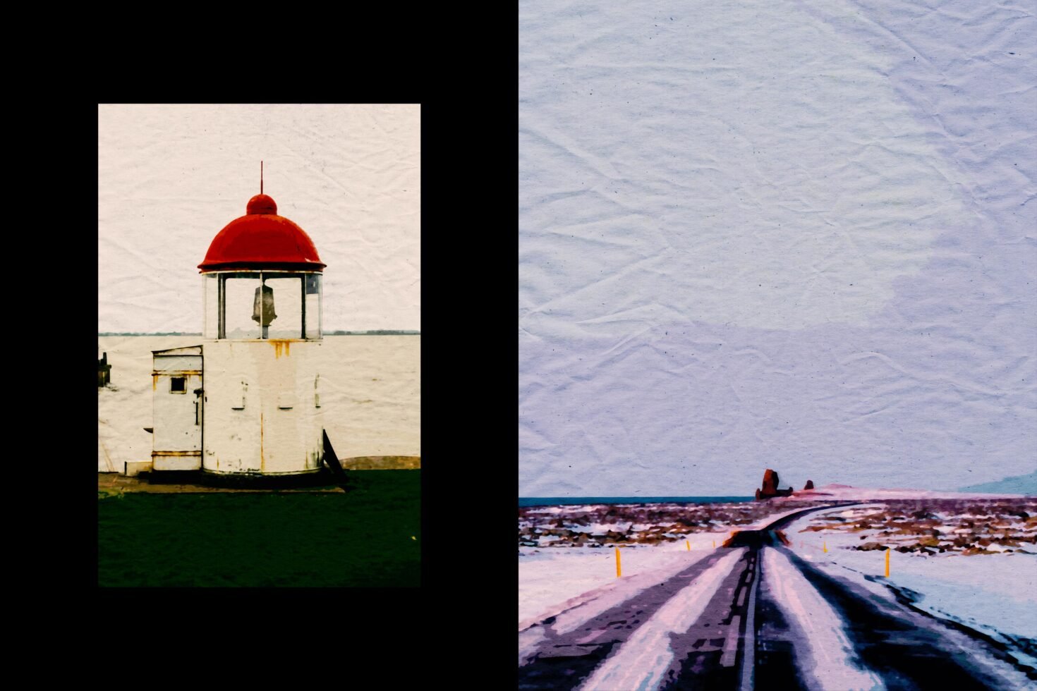 Digital graphic showcasing a vintage lighthouse and snow-covered road, ideal for designers. Perfect for backgrounds, templates and mockups.