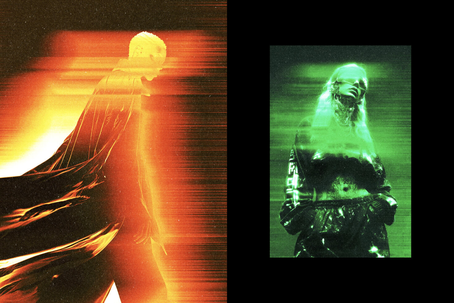 Abstract digital art featuring glitch effect. One figure in red and one in green neon hues. Perfect for graphic design mockups or futuristic templates.