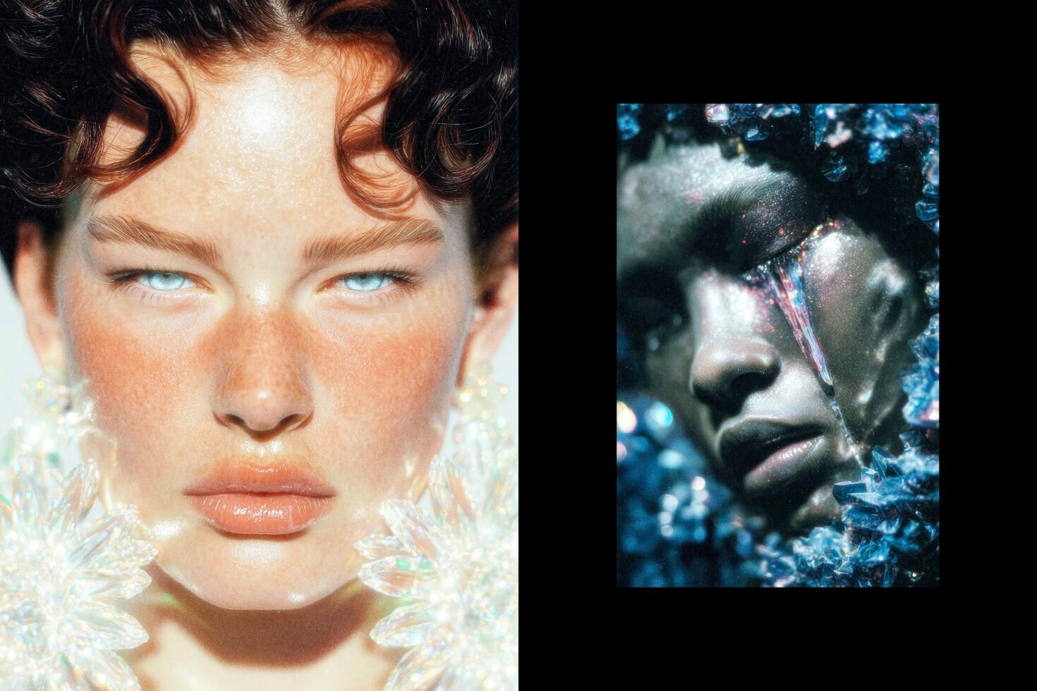 Close-up portraits showcasing ethereal makeup design with crystal-like accents for creative graphic and template design inspiration for designers.