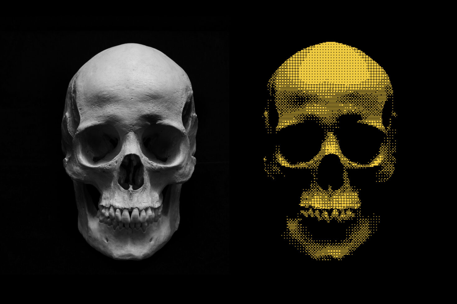 Skull illustration graphic contrasting a realistic skull with a pixelated yellow version on black background ideal for mockup design templates Halloween.