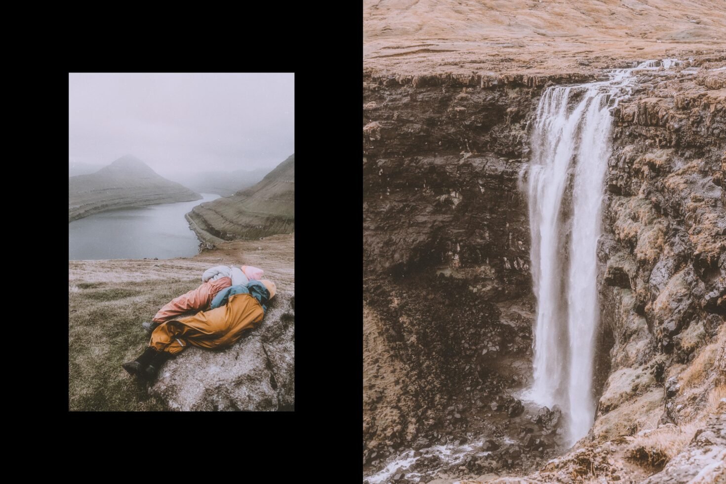 Mountain landscape with a person resting in a colorful sleeping bag and a waterfall. Ideal for nature-themed graphic design templates. Scenic background.