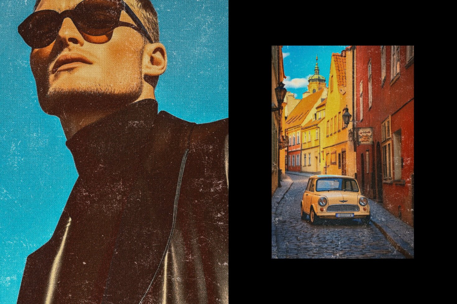 Vintage-style graphic with a man in sunglasses on left and retro car on a cobblestone street on right urban art aesthetic design template retro vibes