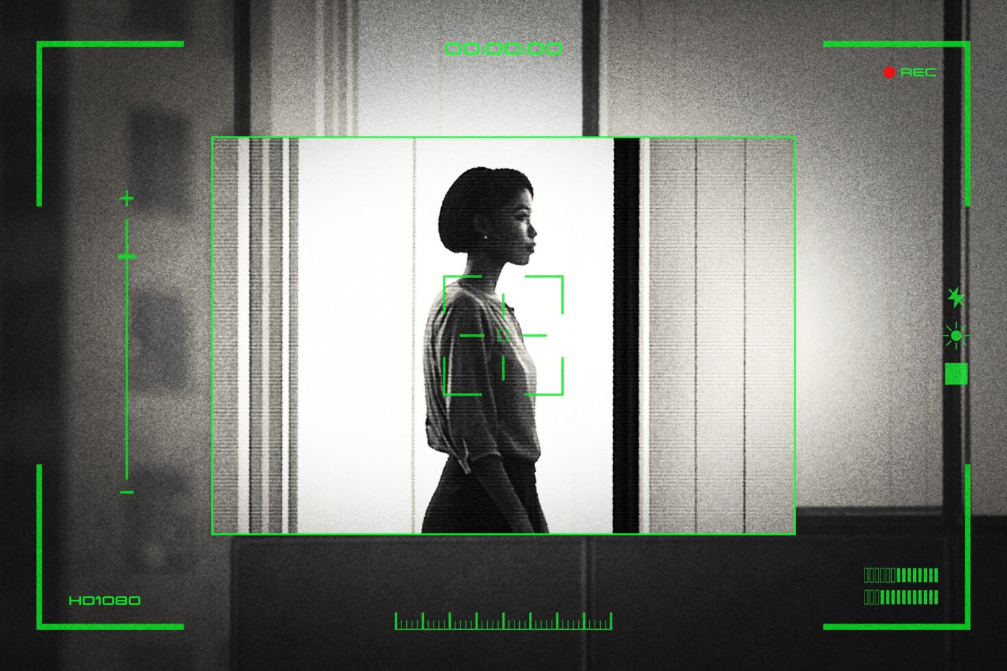 Grainy black and white mockup of a woman in profile with digital camera overlay elements, suitable for creative design projects and templates.