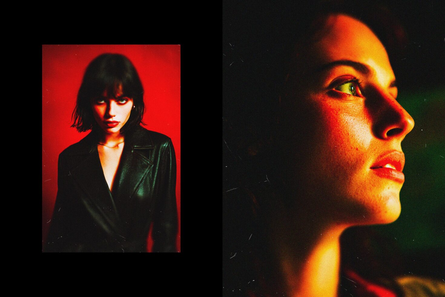 Dual portrait with a woman in dark leather and bold red backdrop on left; close-up on right. Photography, fashion, graphic design, dramatic lighting.