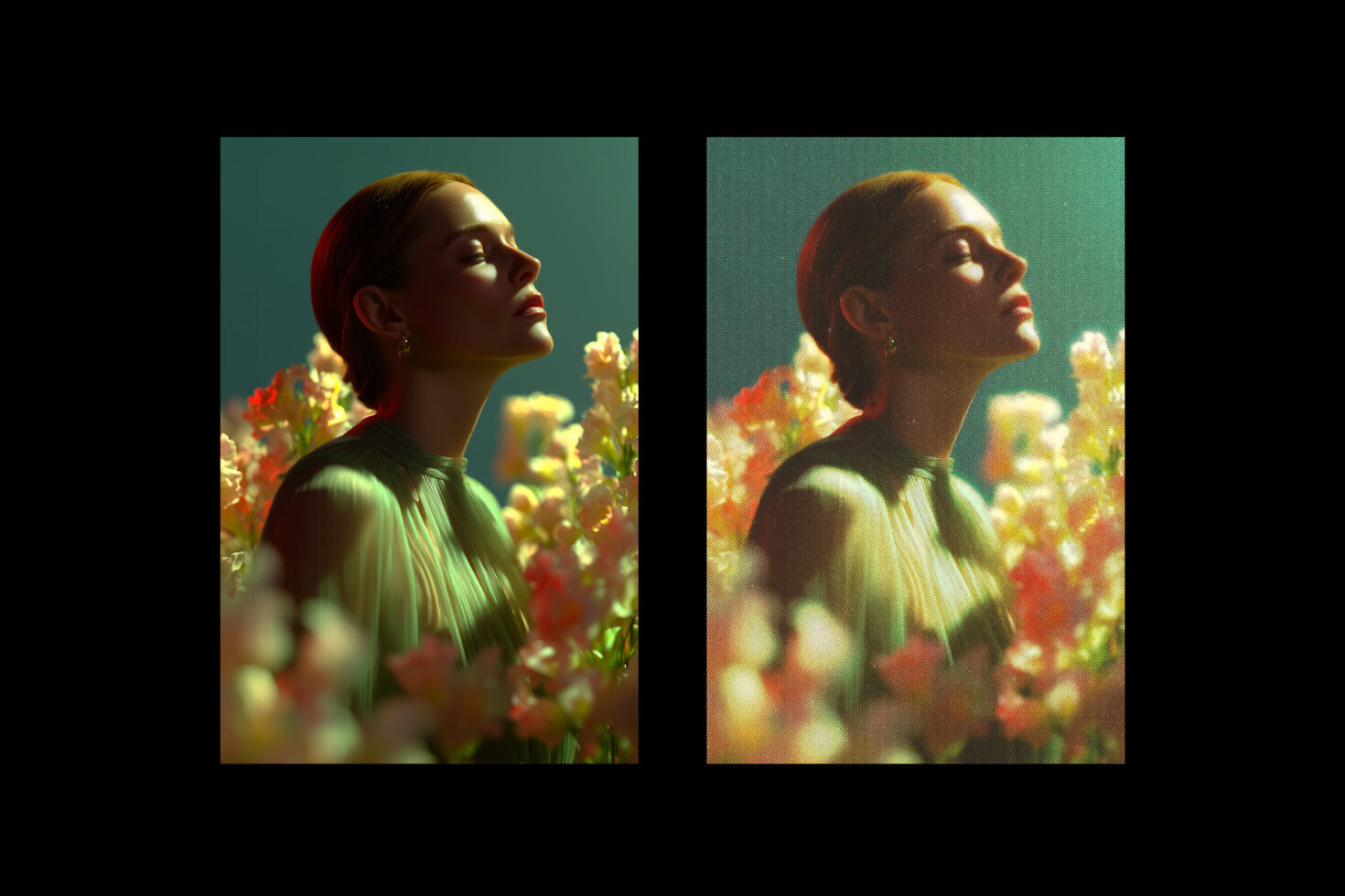 Digital art of a person amidst flowers with soft lighting. Perfect for designers seeking a dreamy portrait effect. Useful in graphics or templates.