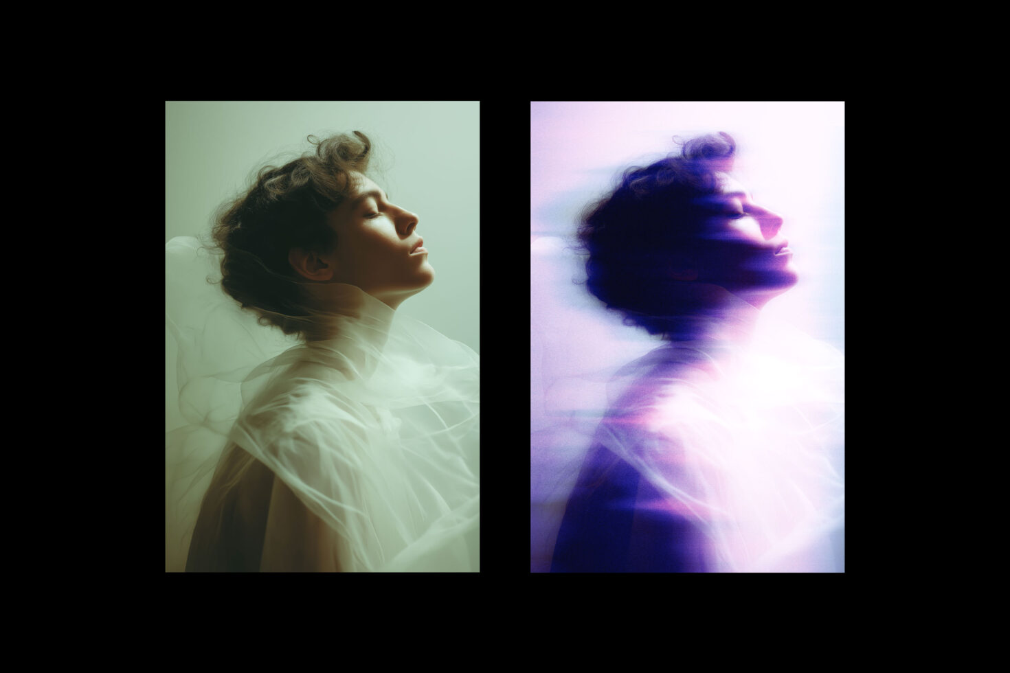 Dual artistic portraits of a person with ethereal effects and motion blur. Ideal for graphic design or digital art templates. Vibrant, creative visuals.
