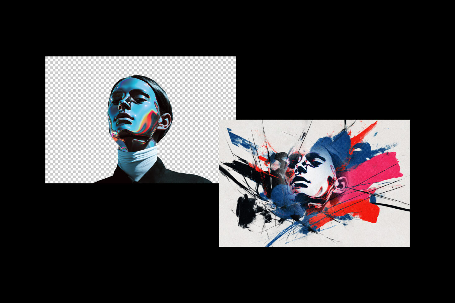 Digital artwork with vibrant abstract face on transparent and artistic backgrounds. Perfect for designers seeking creative graphics or modern templates.