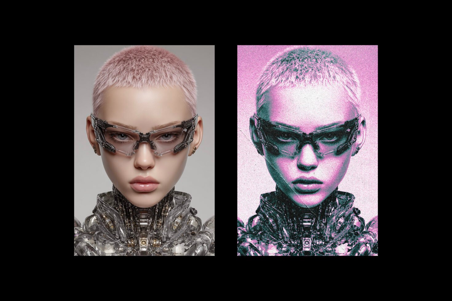 Digital artwork of a futuristic humanoid with pink hair and cyborg glasses in two styles. Ideal for graphic design, templates, and mockup projects.
