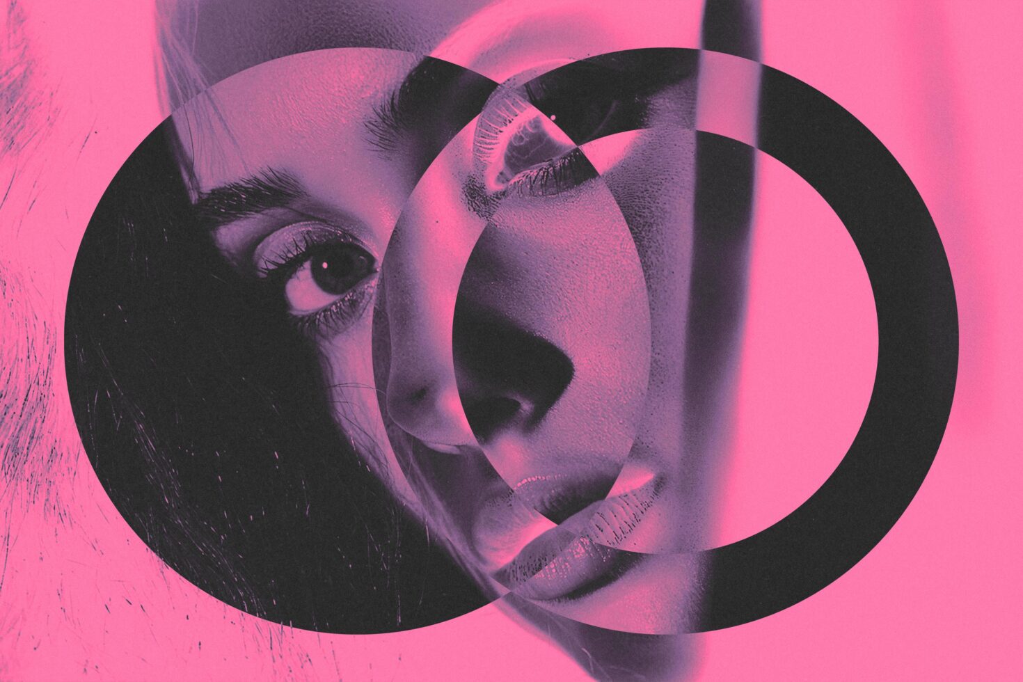 Abstract pink graphic design showcasing overlapping geometric shapes and a female face. Perfect for digital art projects, mockups, and creative design.
