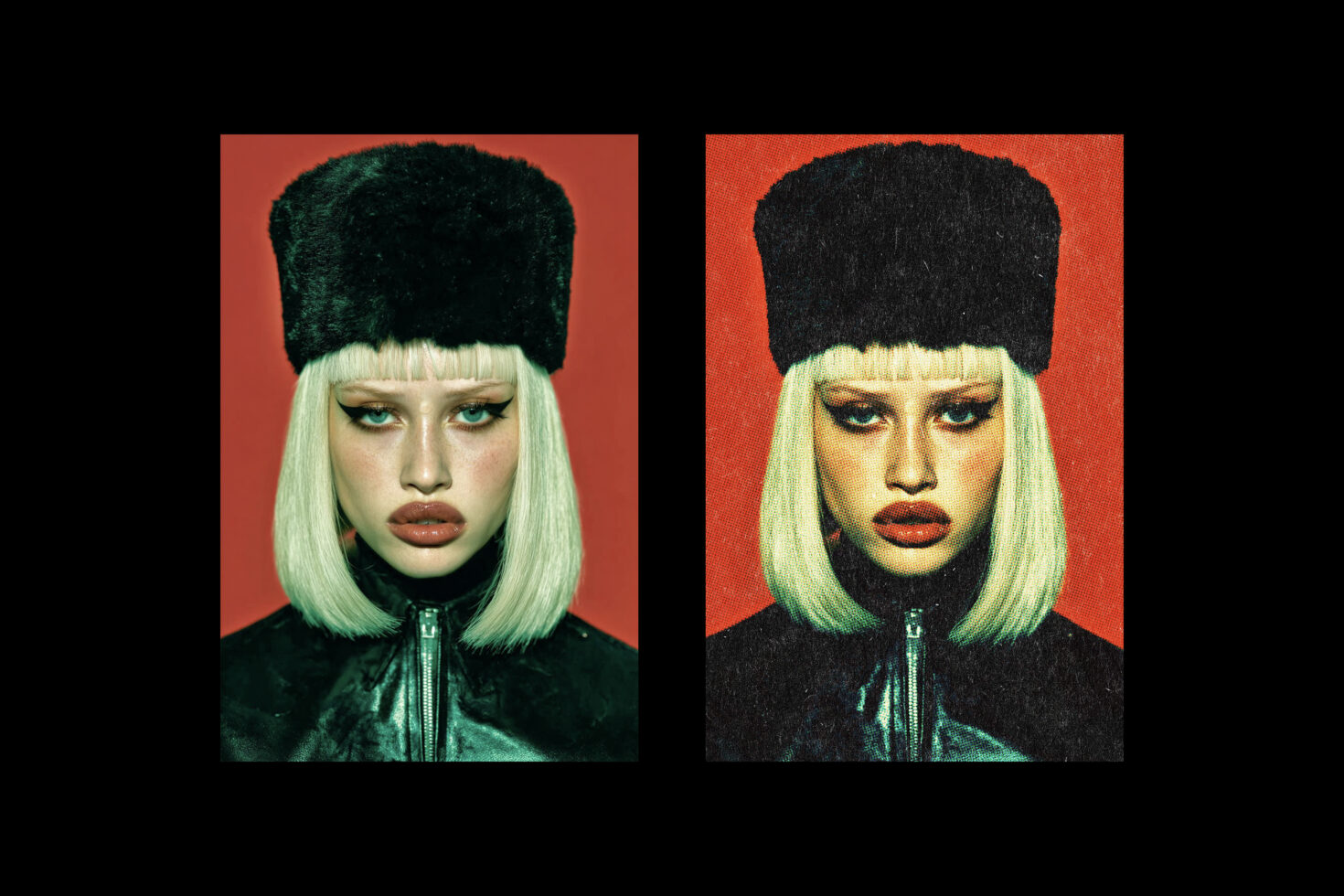 Digital art portrait of a person with blonde hair in a black hat and shiny jacket on a red background vibrant colors modern design asset for graphics.