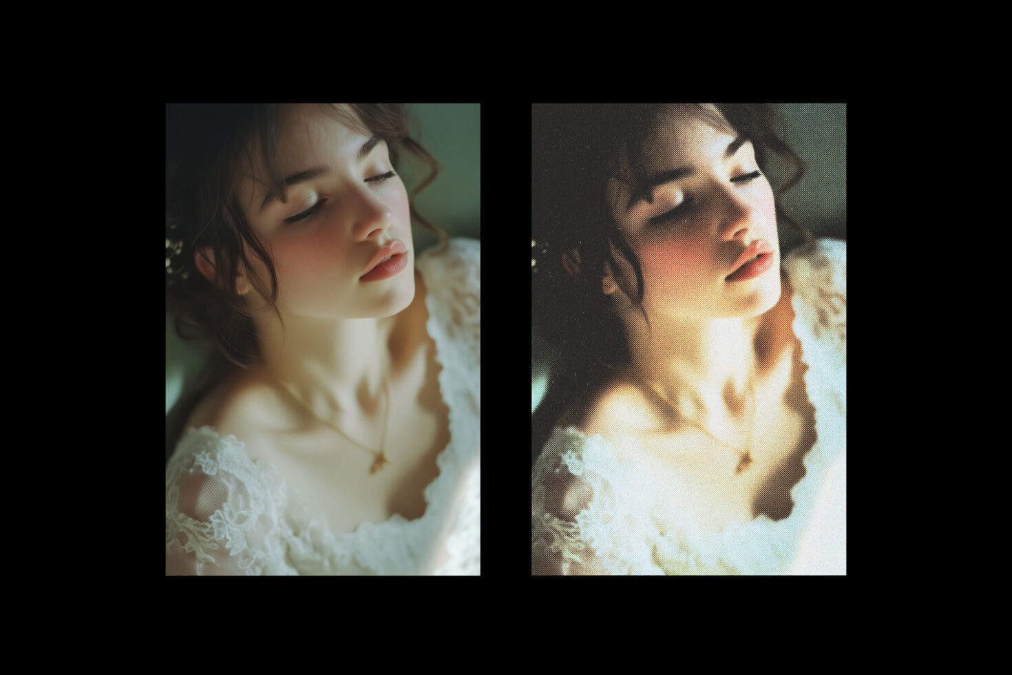 Double portrait visual mockup featuring soft lighting and delicate lace dress perfect for designers seeking elegant female imagery for creative projects.