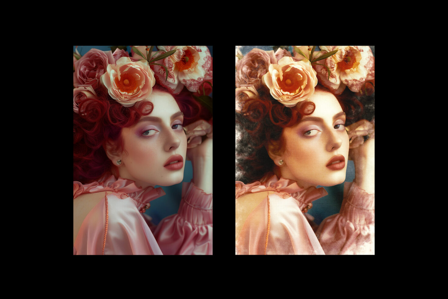 Digital portrait featuring a woman with red hair and floral headpiece in pink attire. Two versions; one realistic and one with vintage effect. Ideal for graphic use.