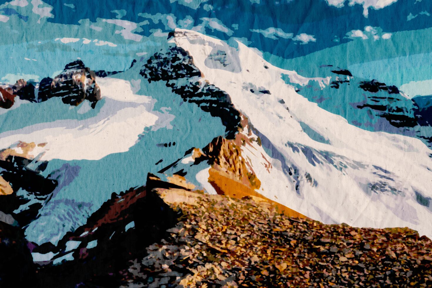 Digital art of snow-capped mountains, illustration style, rugged terrain, vibrant colors, high-altitude landscape, perfect for graphic design projects.