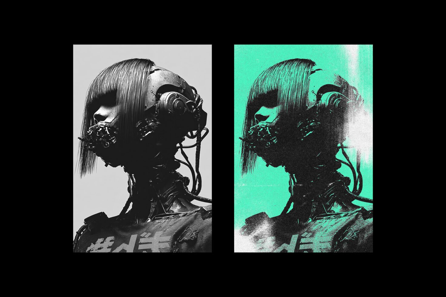 Futuristic cyberpunk robot artwork featuring side profiles with intricate mechanical details. Perfect for graphic design projects, sci-fi themes, digital art.