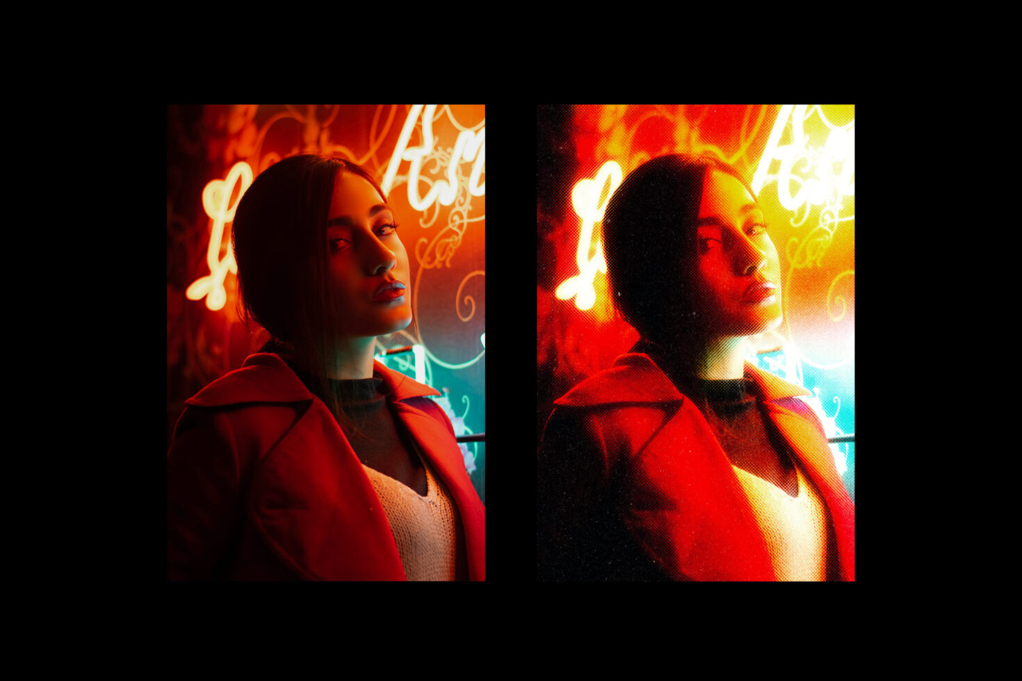 Dual exposure mockup featuring a woman in a red coat with neon lights background perfect for graphic design projects and digital art presentations
