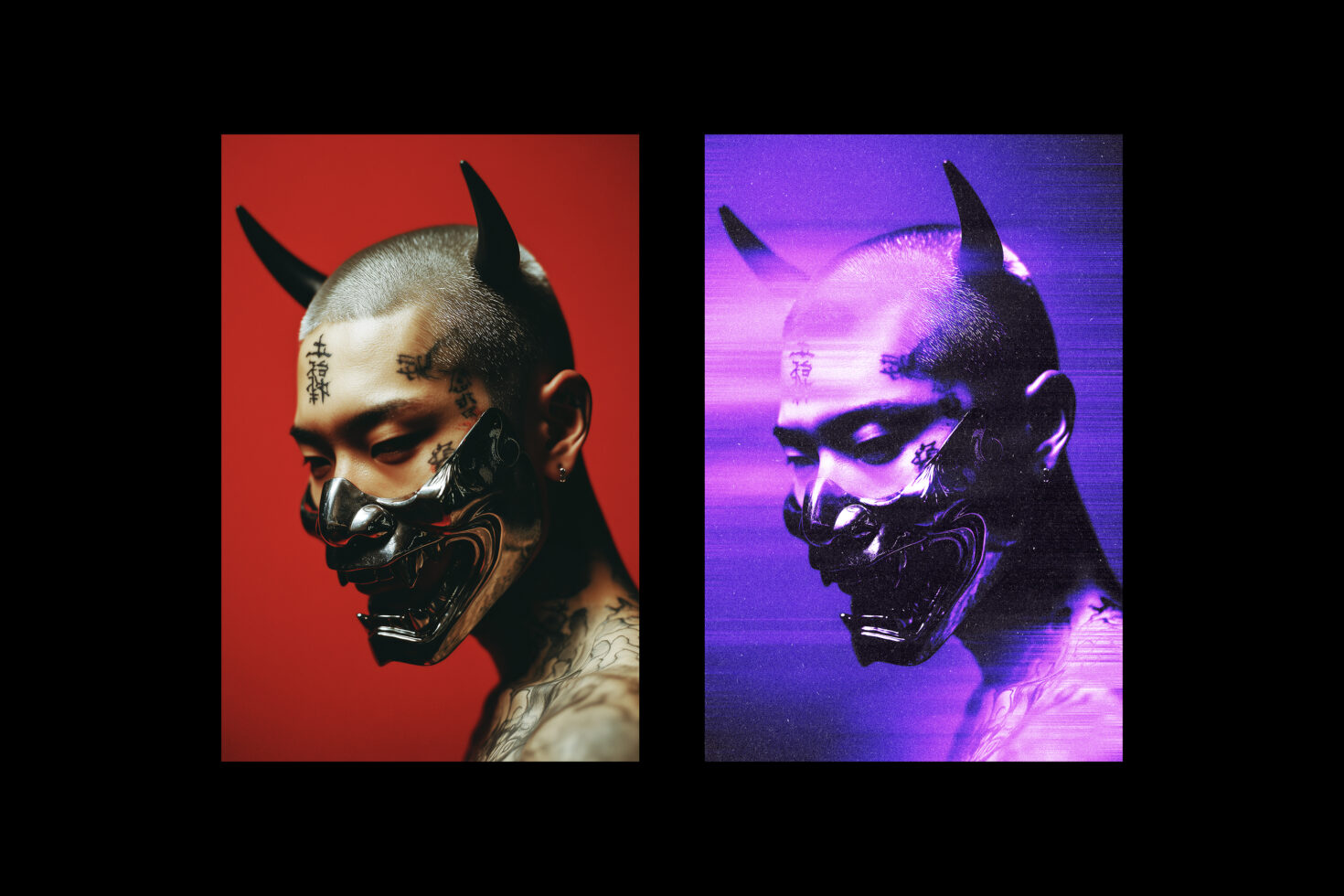 Digital art of a person with a horned mask and tattoos on red and purple backgrounds; suitable for designers. Keywords: graphics, templates, creative.
