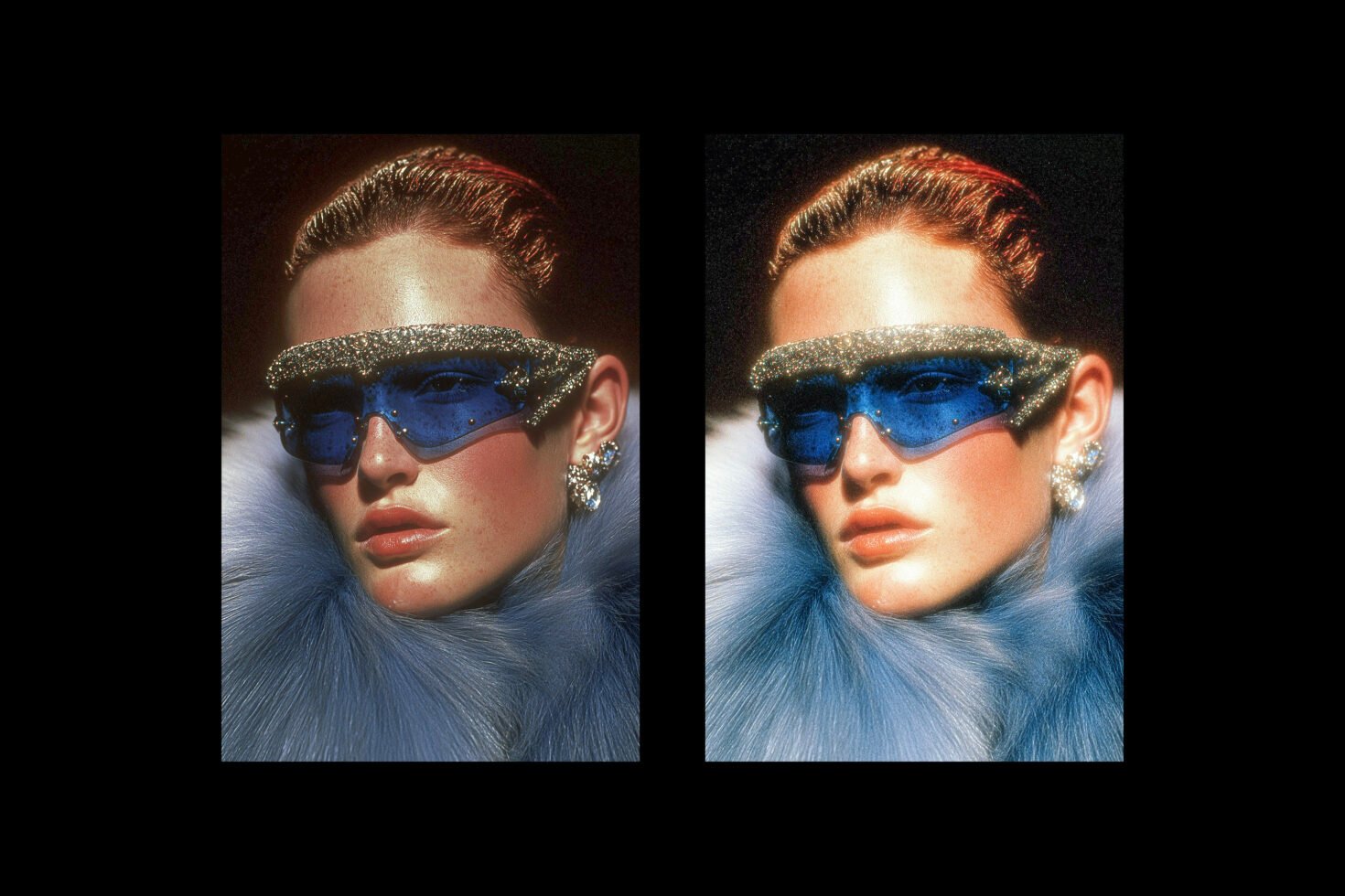 Fashion editorial showcasing a model in diamond-studded blue sunglasses and a fur collar. Ideal for designers in need of high-fashion photo references.