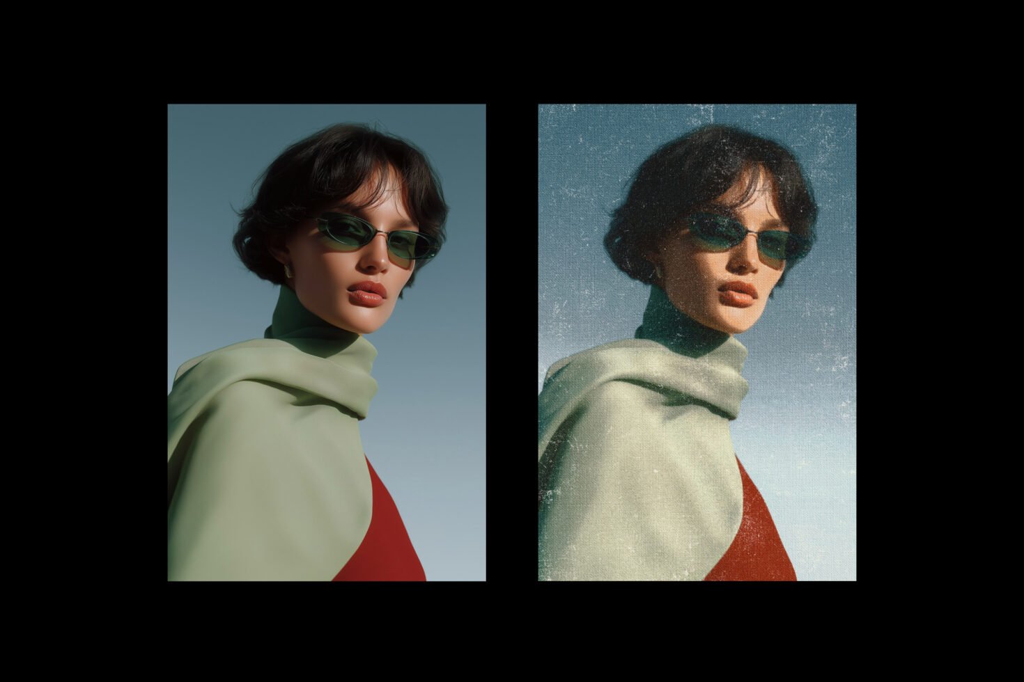 Fashion photography mockup showcasing a woman in sunglasses with a scarf and stylish outfit, featuring smooth and textured effects for designers' use.