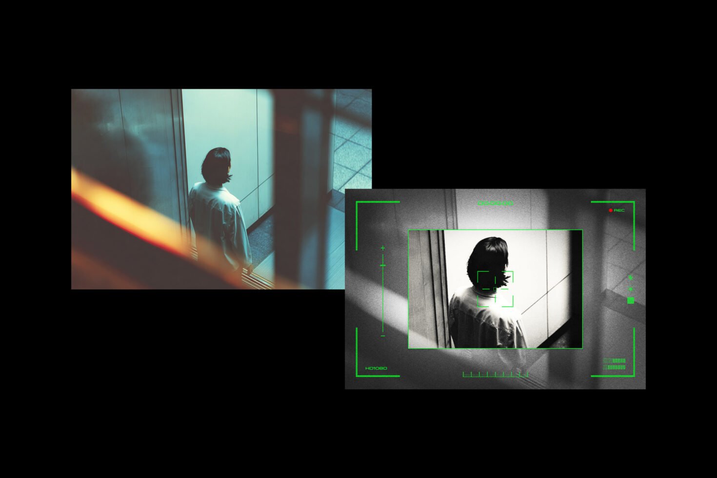 Gritty urban mockup featuring a person in a blurred cinematic hallway setting framed by a digital camera overlay ideal for graphic design projects