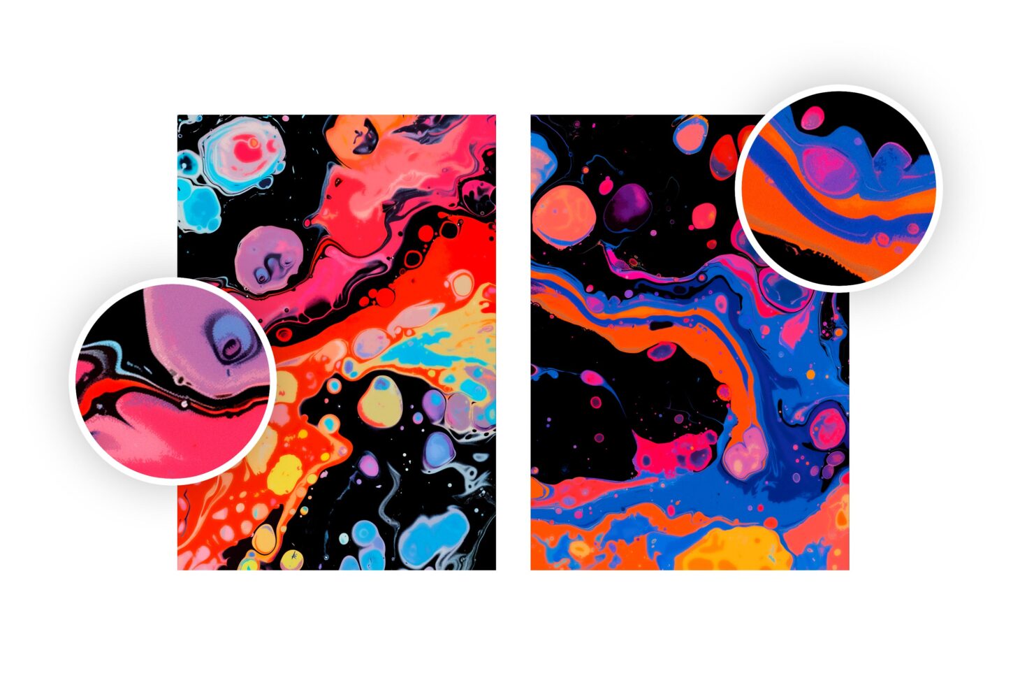 Vibrant abstract paint swirl graphics with magnified sections showcasing colorful patterns ideal for design mockups and templates. Perfect for designers.