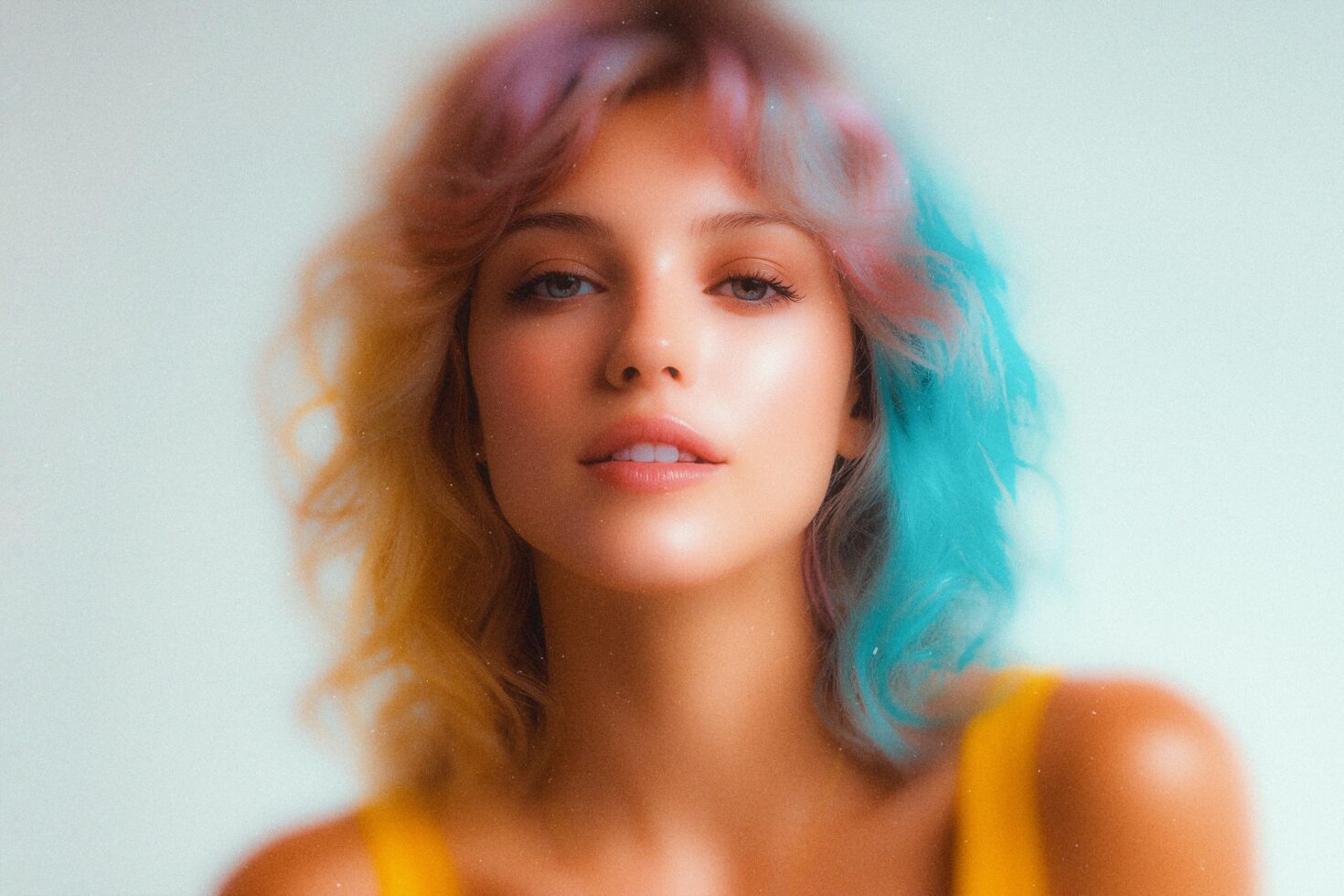 Vibrant portrait of a person with colorful pastel hair in yellow and blue tones soft lighting stylish model fashion photography perfect for designers