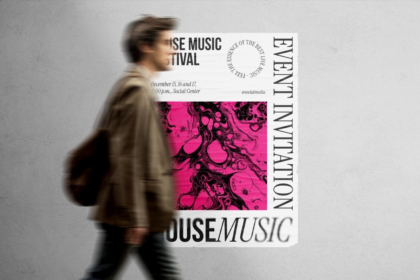 Event invitation poster mockup with vibrant pink and black abstract design. Keywords: poster mockup, event invitation, graphic design, abstract art.