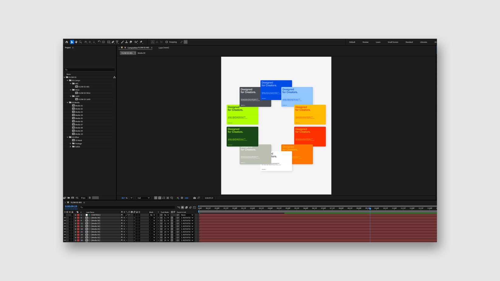 Colorful digital mockup template displayed in design software interface with labeled layers and vibrant square cards for designers and creators.